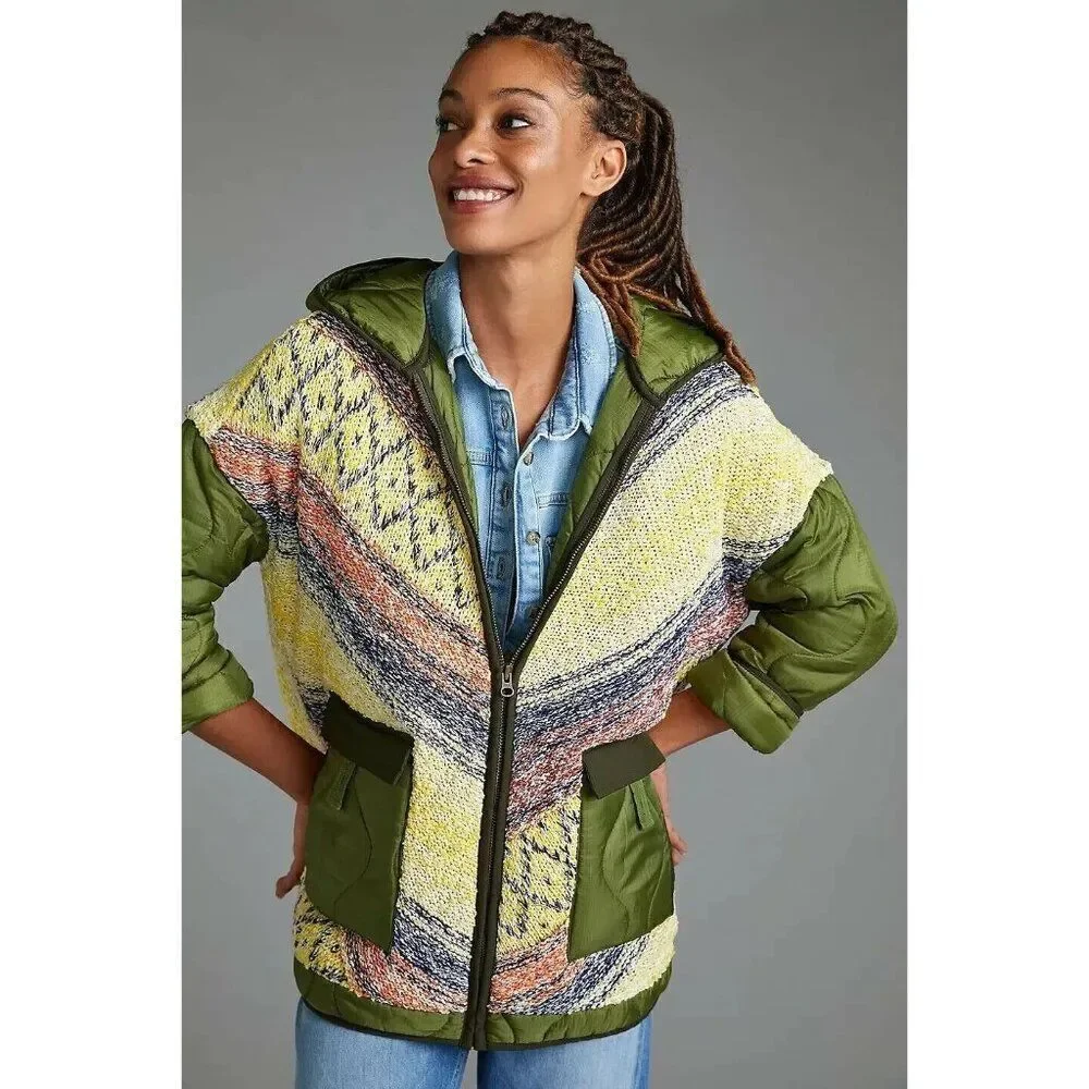 Anthropologie Pilcro Knit Quilted Coat Textured Puffer‎ Size Medium Green NEW